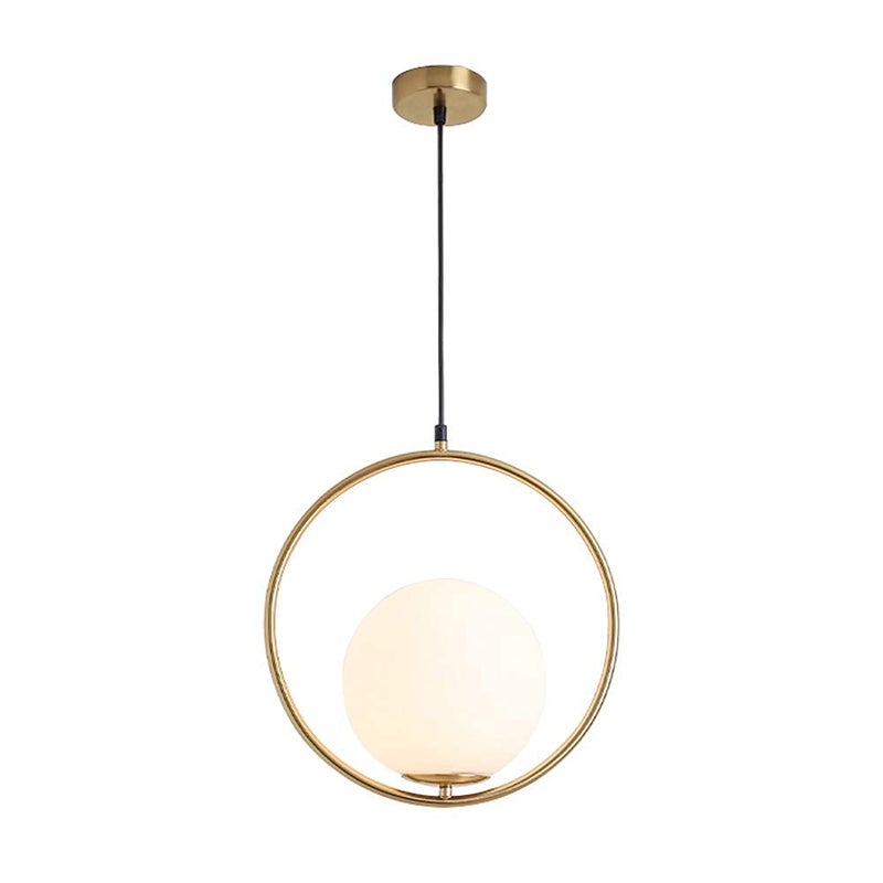 KCO Mid Century Modern Large Globe Pendant Light Fixture 1-Light Brushed Brass Gold Ceiling Hanging Pendant Lighting Minimalist White Glass Round Pendant Light (13.8â€-Large) - Image 1